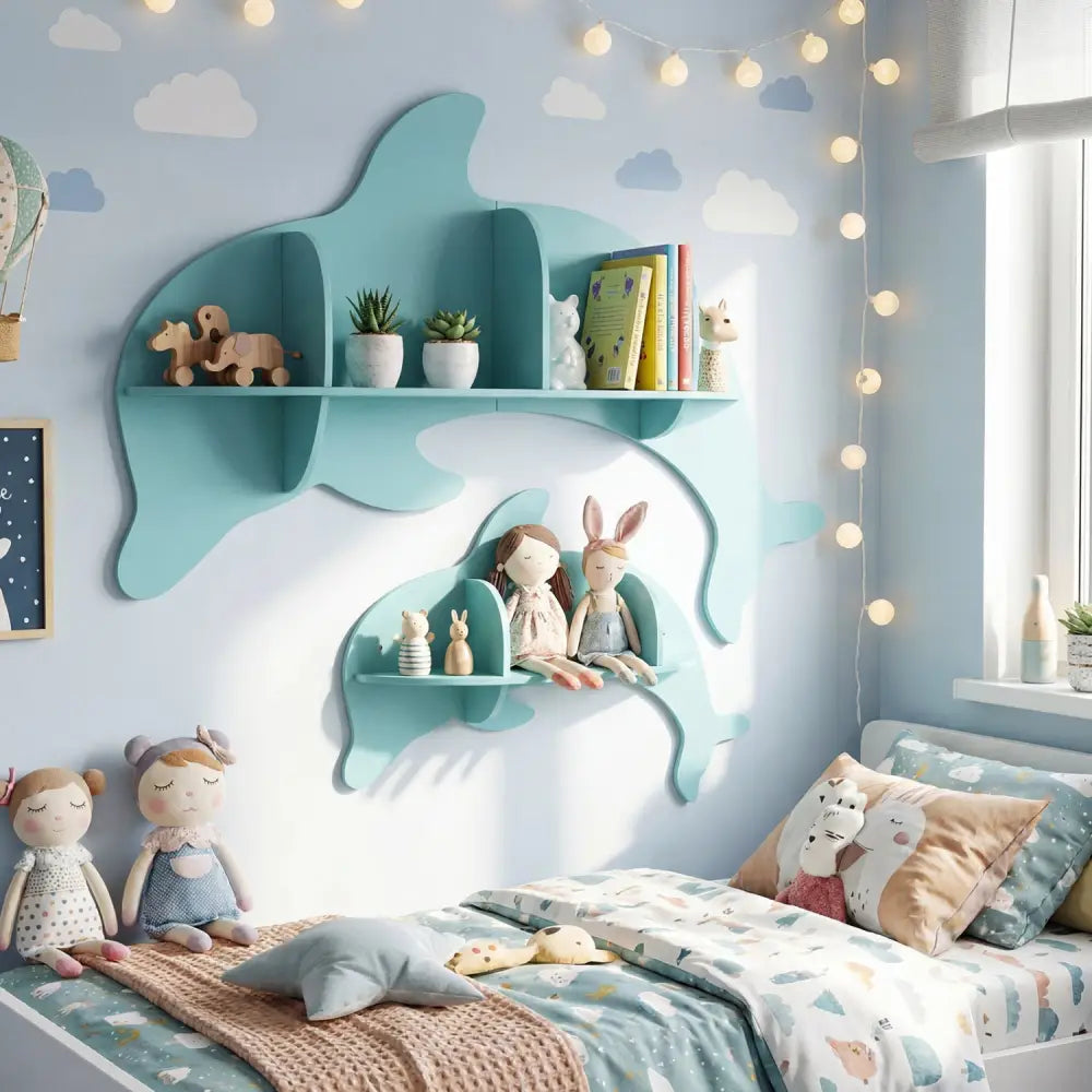 Floating Dolphin Shelves Wall Mounted Storage Display Rack-Blue - Blue - Kids Storage