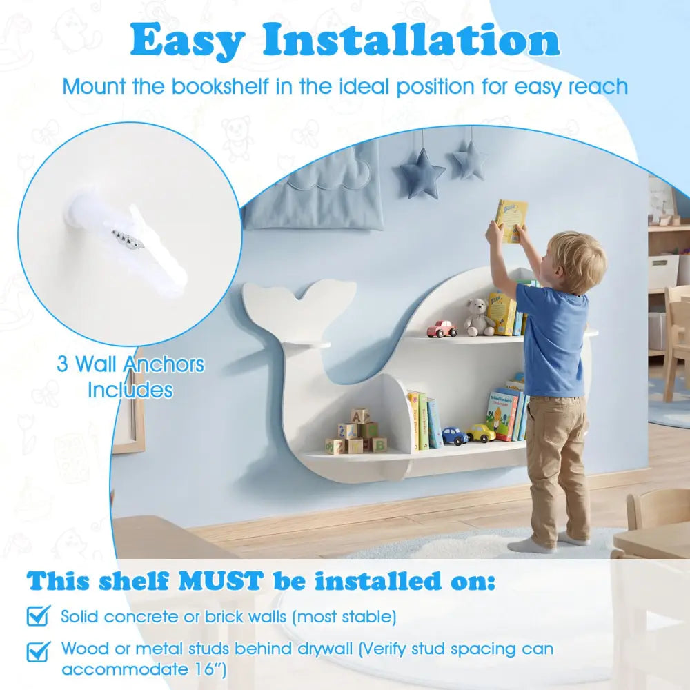 Floating Dolphin Shelves Wall Mounted Storage Display Rack-White - White - Kids Storage