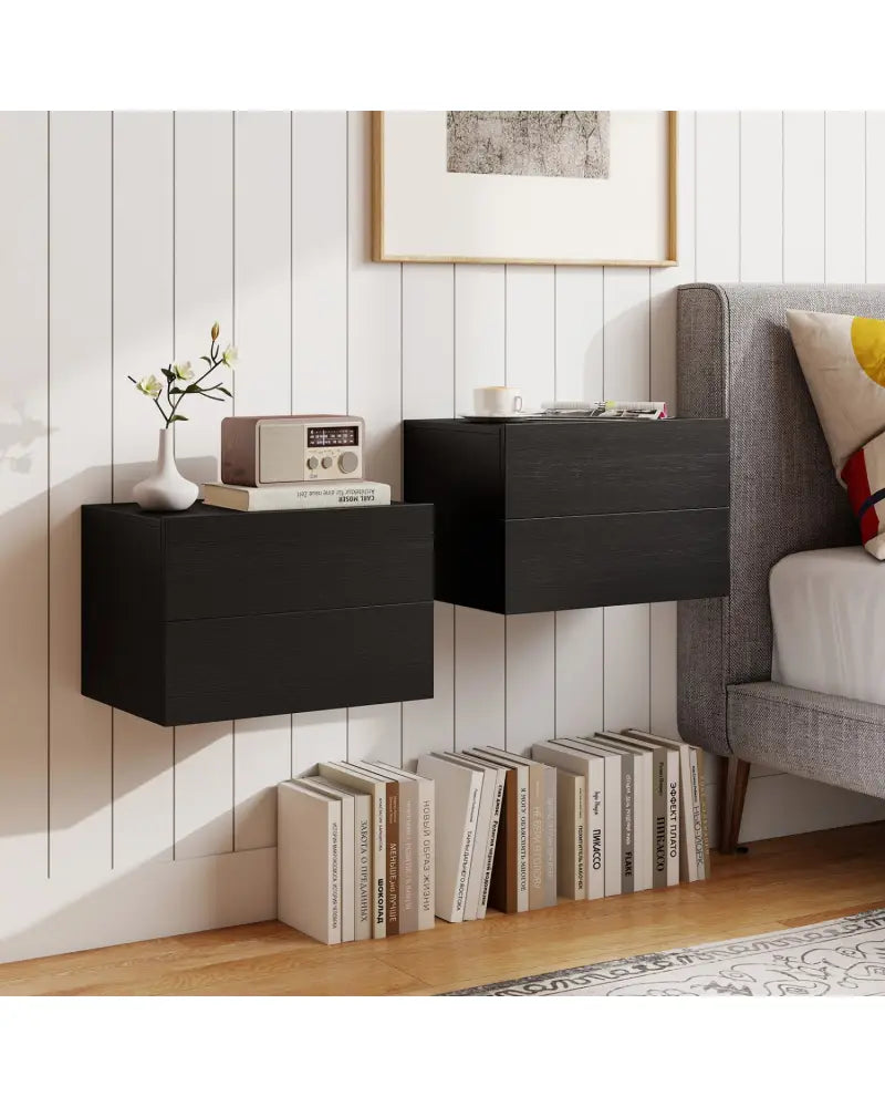 Floating Nightstand with 2 Storage Drawers Wall Mounted for Bedroom-Black - Black - Nightstands