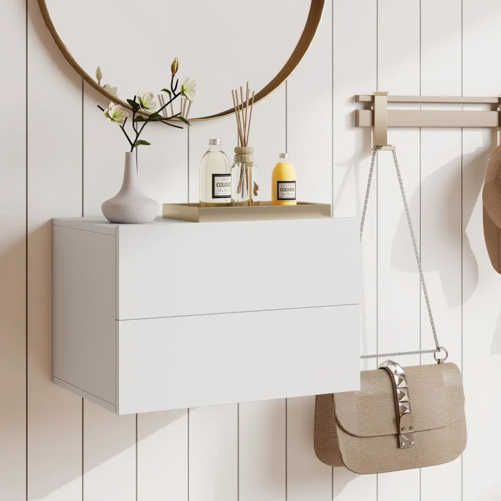 Floating Nightstand with 2 Storage Drawers Wall Mounted for Bedroom-White - White - Nightstands