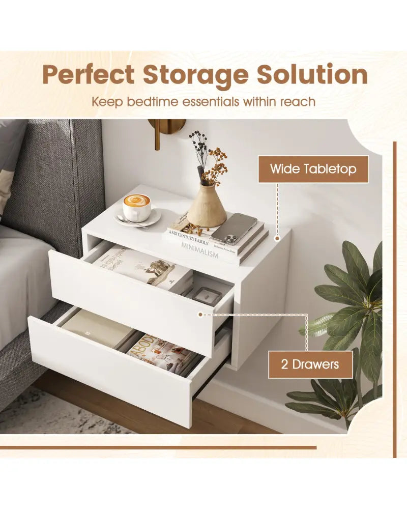 Floating Nightstand with 2 Storage Drawers Wall Mounted for Bedroom-White - White - Nightstands
