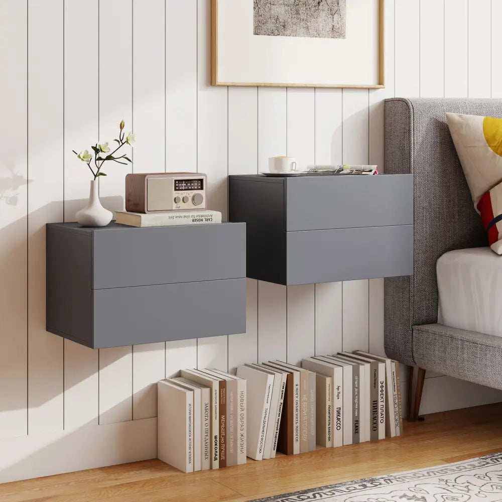 Floating Nightstand with 2 Storage Drawers Wall Mounted for Bedroom-Gray - Gray - Nightstands