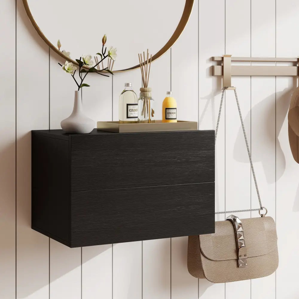 Floating Nightstand with 2 Storage Drawers Wall Mounted for Bedroom-Black - Black - Nightstands