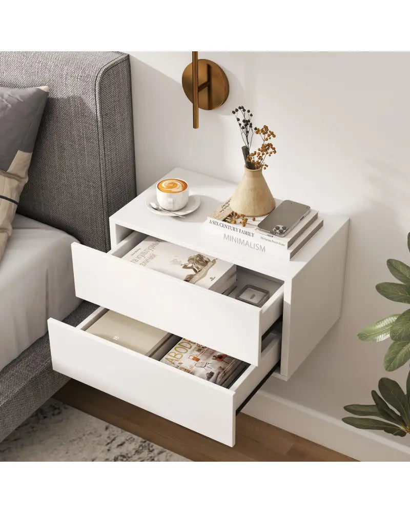 Floating Nightstand with 2 Storage Drawers Wall Mounted for Bedroom-White - White - Nightstands