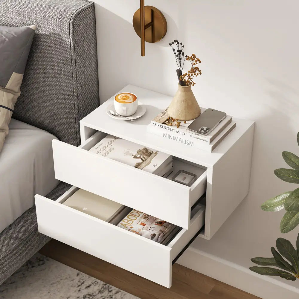 Floating Nightstand with 2 Storage Drawers Wall Mounted for Bedroom-White - White - Nightstands