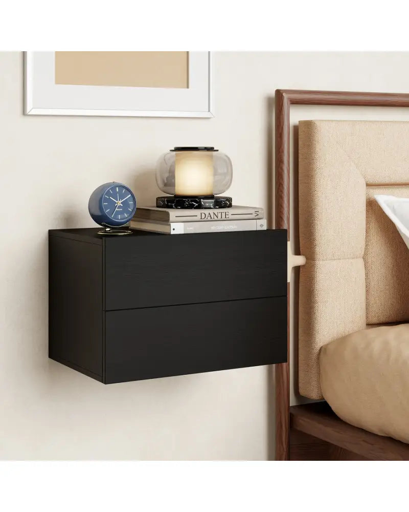 Floating Nightstand with 2 Storage Drawers Wall Mounted for Bedroom-Black - Black - Nightstands