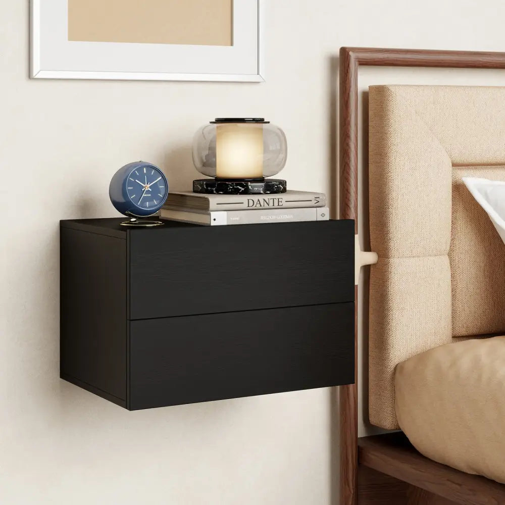 Floating Nightstand with 2 Storage Drawers Wall Mounted for Bedroom-Black - Black - Nightstands