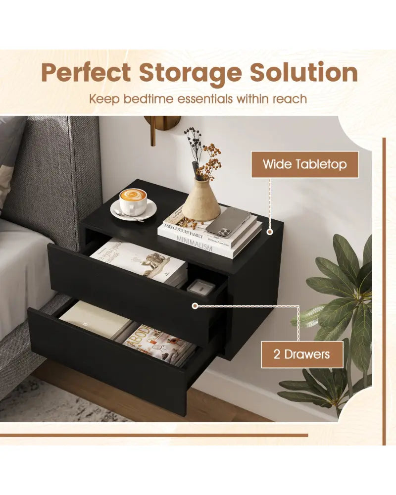 Floating Nightstand with 2 Storage Drawers Wall Mounted for Bedroom-Black - Black - Nightstands