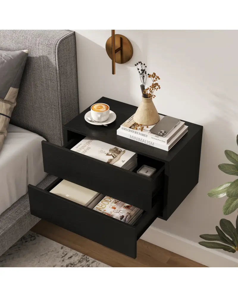 Floating Nightstand with 2 Storage Drawers Wall Mounted for Bedroom-Black - Black - Nightstands
