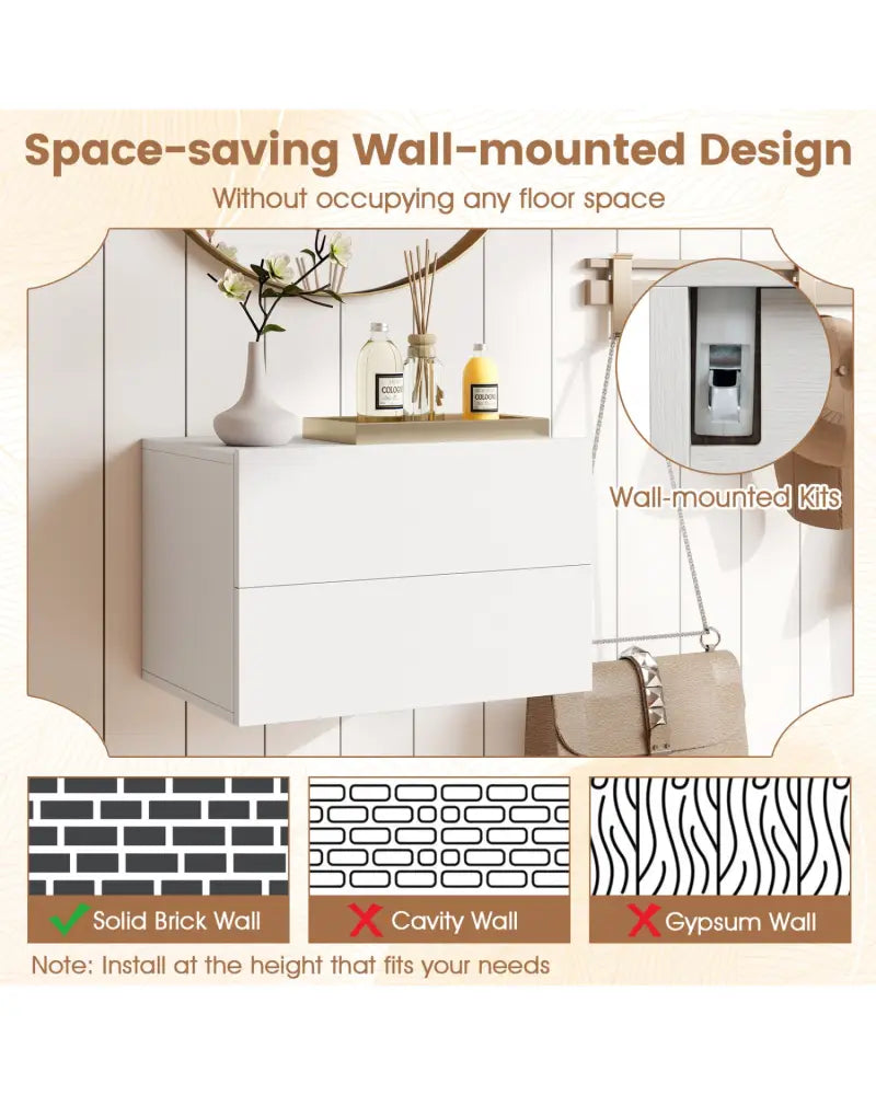 Floating Nightstand with 2 Storage Drawers Wall Mounted for Bedroom-White - White - Nightstands
