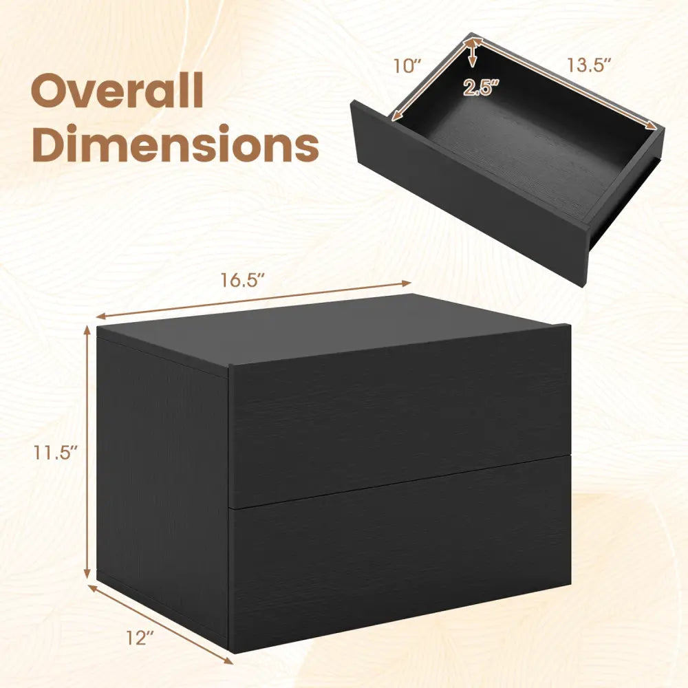 Floating Nightstand with 2 Storage Drawers Wall Mounted for Bedroom-Black - Black - Nightstands