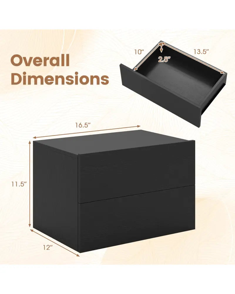 Floating Nightstand with 2 Storage Drawers Wall Mounted for Bedroom-Black - Black - Nightstands
