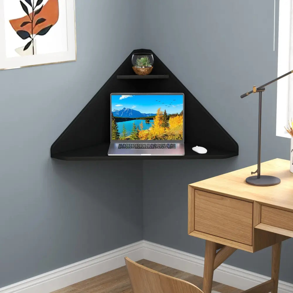 Floating Triangular Corner Computer Desk with Storage Shelf-Black - Black - Corner Desks