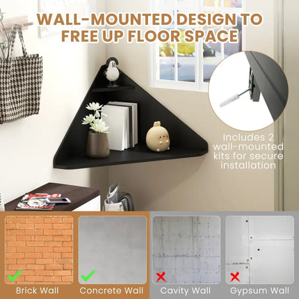 Floating Triangular Corner Computer Desk with Storage Shelf-Black - Black - Corner Desks