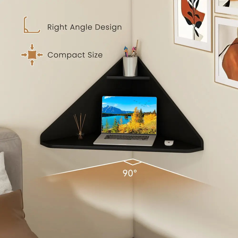 Floating Triangular Corner Computer Desk with Storage Shelf-Black - Black - Corner Desks