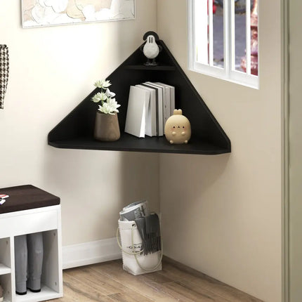 Floating Triangular Corner Computer Desk with Storage Shelf-Black - Black - Corner Desks