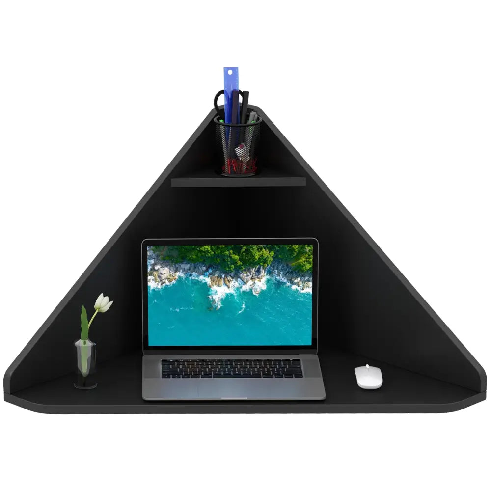Floating Triangular Corner Computer Desk with Storage Shelf-Black - Black - Corner Desks