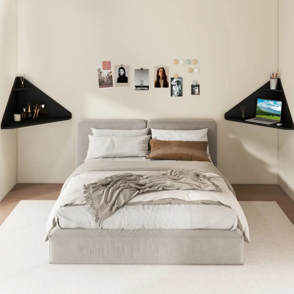 Floating Triangular Corner Computer Desk with Storage Shelf-Black - Black - Corner Desks
