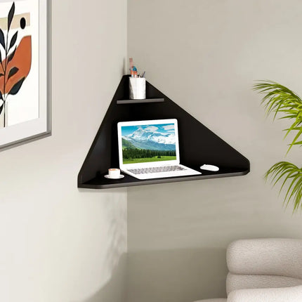 Floating Triangular Corner Computer Desk with Storage Shelf-Black - Black - Corner Desks