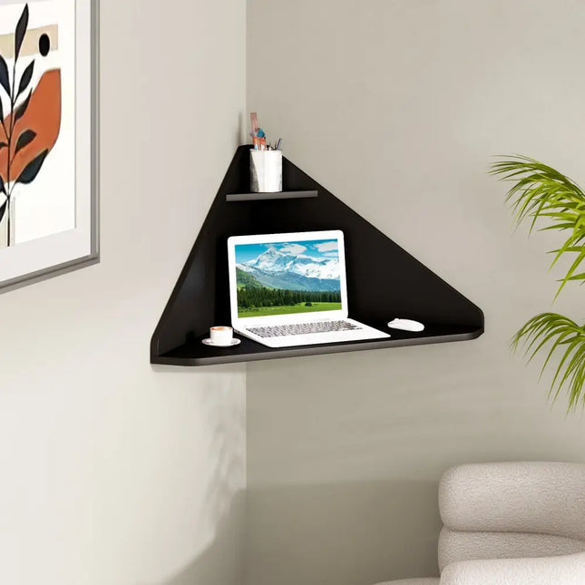 Floating Triangular Corner Computer Desk with Storage Shelf-Black - Black - Corner Desks