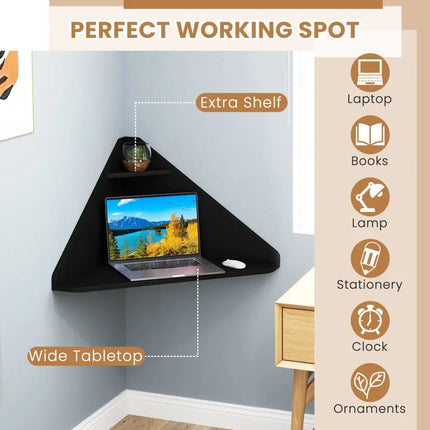 Floating Triangular Corner Computer Desk with Storage Shelf-Black - Black - Corner Desks