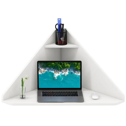 Floating Triangular Corner Computer Desk with Storage Shelf-White - White - Corner Desks