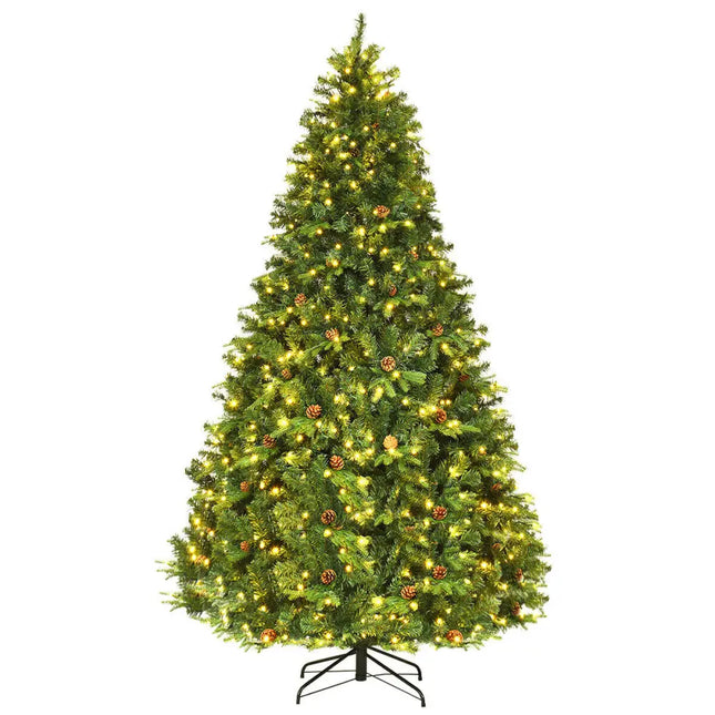 Flocked Artificial Christmas Tree with LED Lights and Pine Cones-8 ft - Green - Christmas Tree