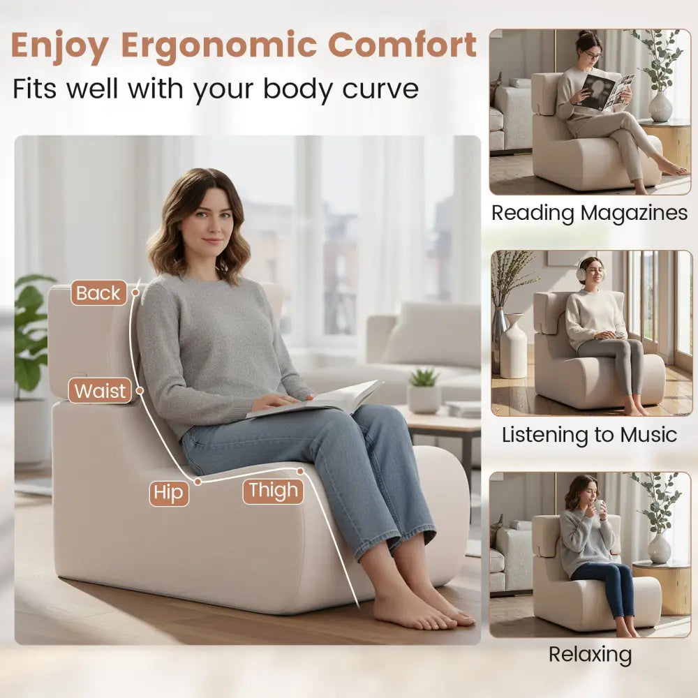 Floor Chair Lazy Sofa with Detachable Headrest-Beige - Beige - Floor Chairs