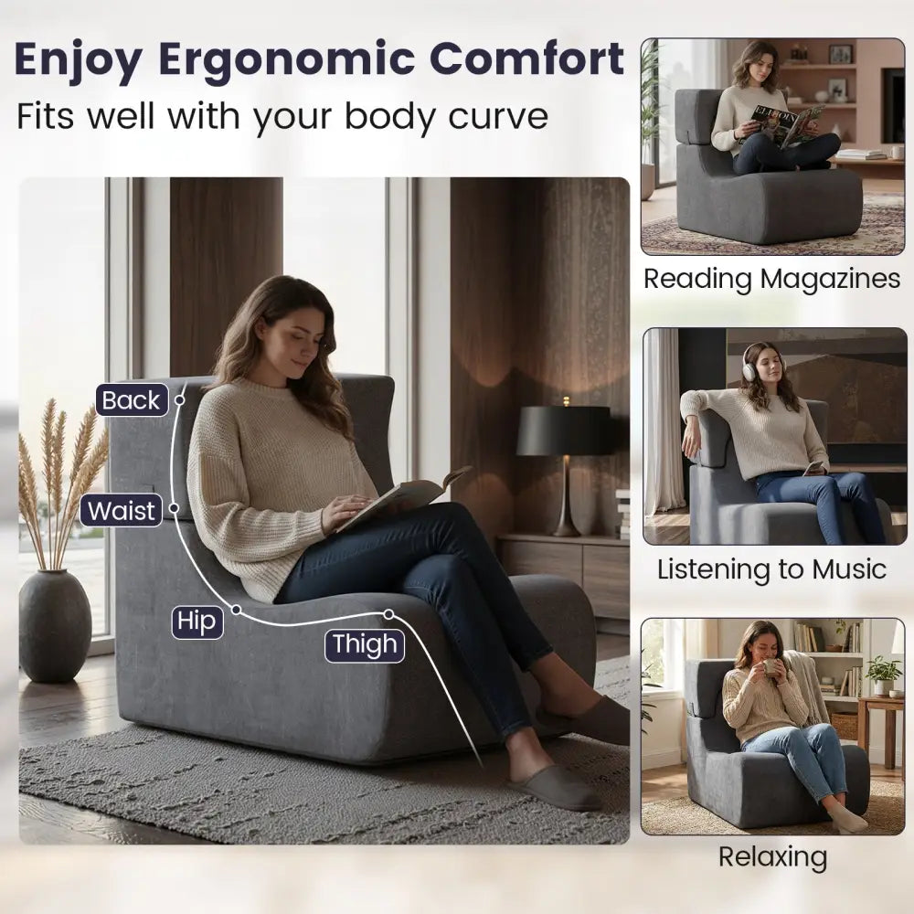Floor Chair Lazy Sofa with Detachable Headrest-Gray - Gray - Floor Chairs