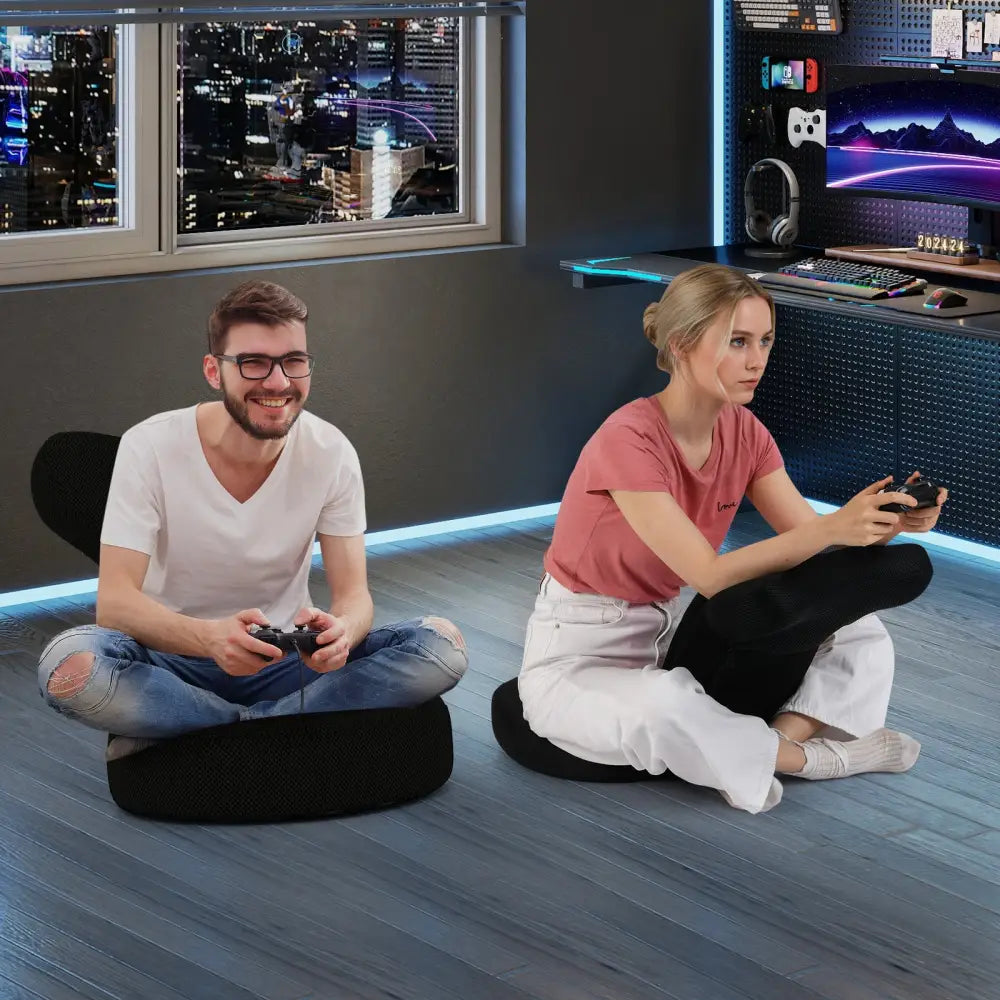Floor Comfy Gaming Leisure Chair with Adjustable Headrest and Backrest-Gray - Black - Floor Chairs
