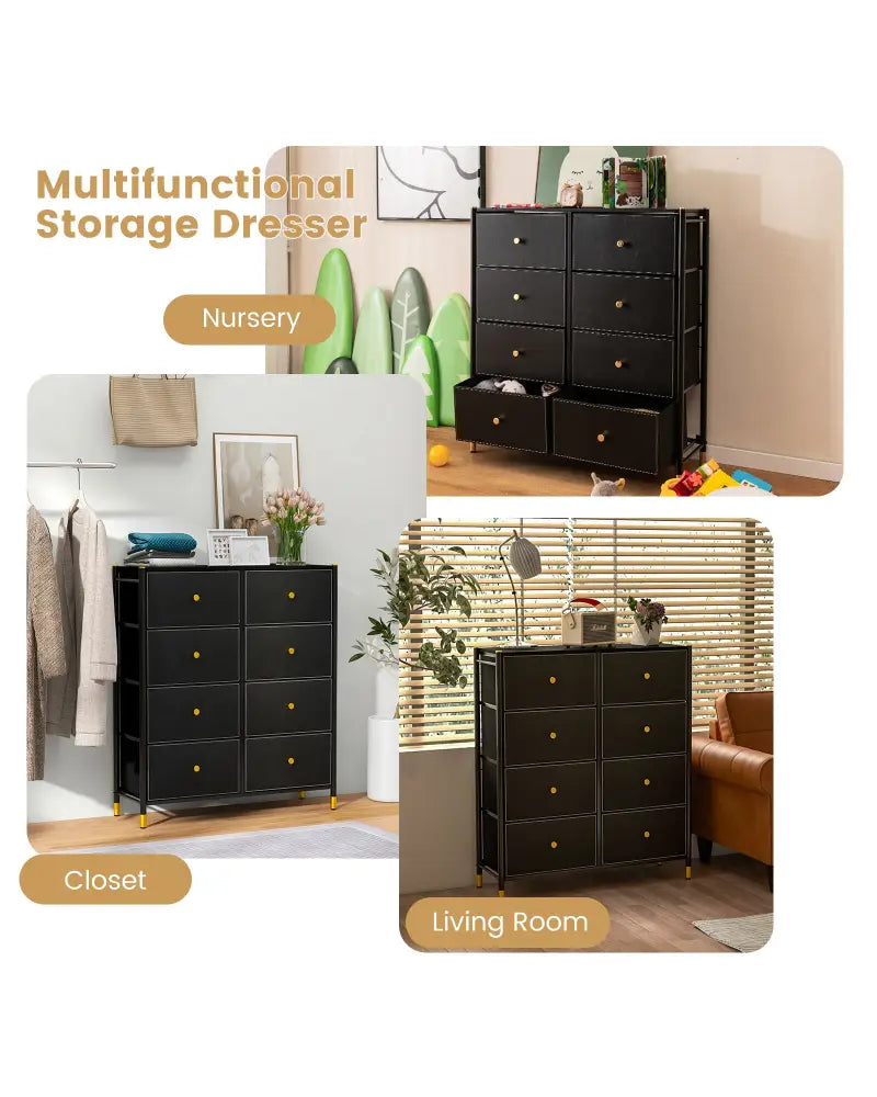 Floor Dresser Storage Organizer with 5/6/8 Drawers with Fabric Bins and Metal Frame-8-Drawer - Black - Dressers & Chests
