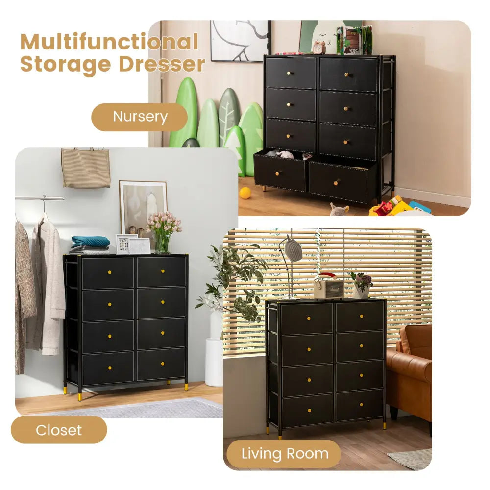 Floor Dresser Storage Organizer with 5/6/8 Drawers with Fabric Bins and Metal Frame-8-Drawer - Black - Dressers & Chests