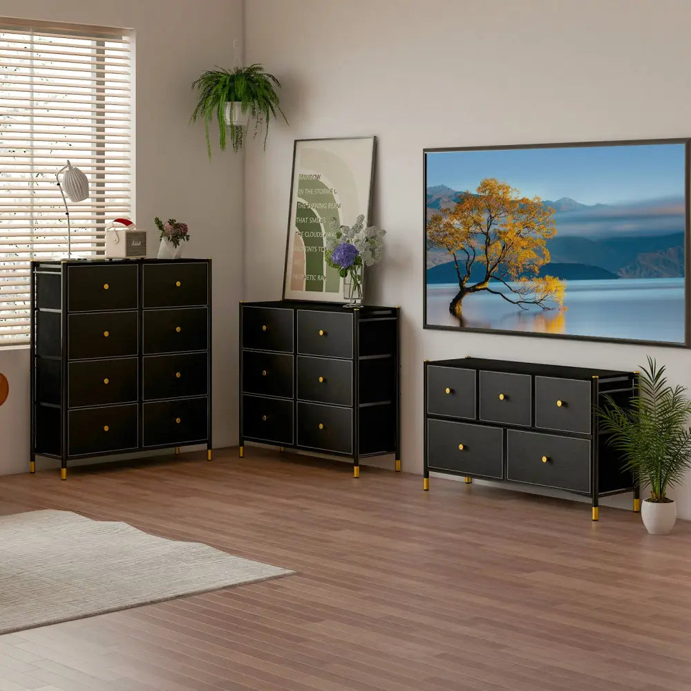 Floor Dresser Storage Organizer with 5/6/8 Drawers with Fabric Bins and Metal Frame-8-Drawer - Black - Dressers & Chests