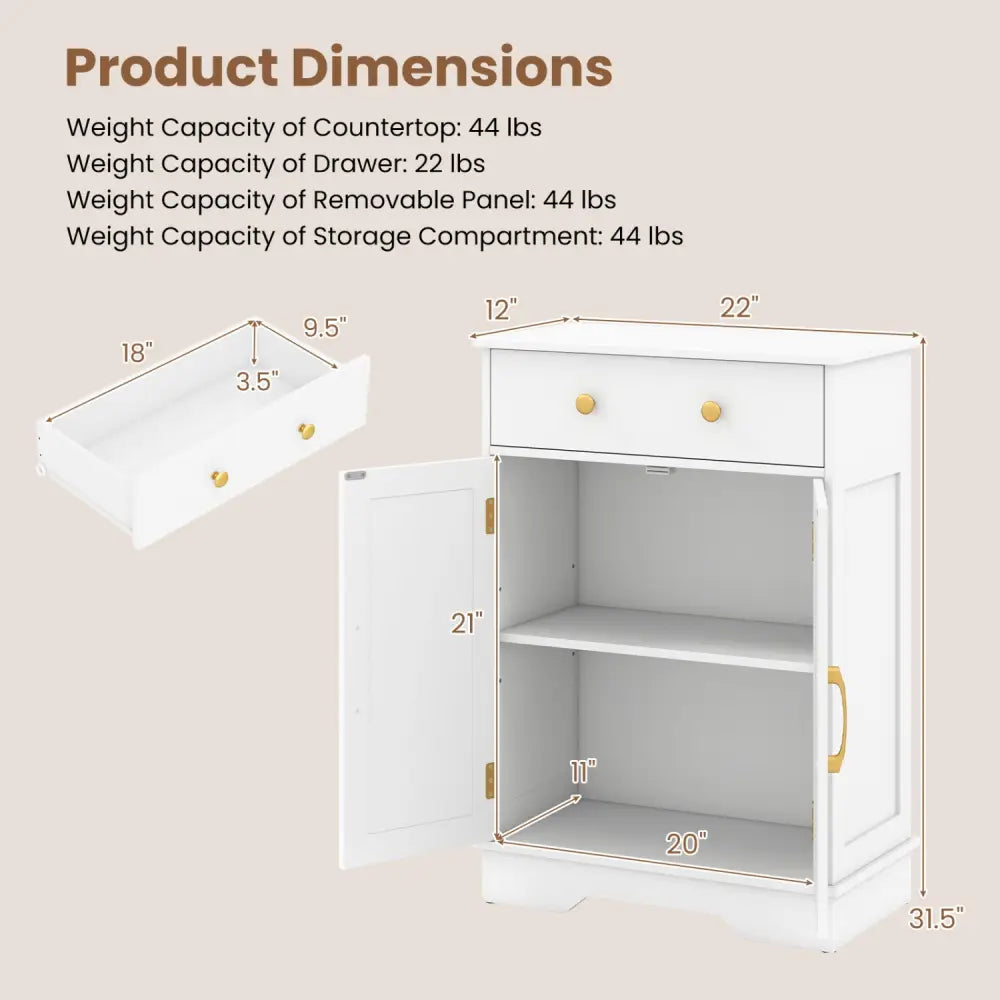 Floor Storage Cabinet with Doors Modern Buffet Sideboard with Drawer and Adjustable Shelf-White - White - Floor Cabinets