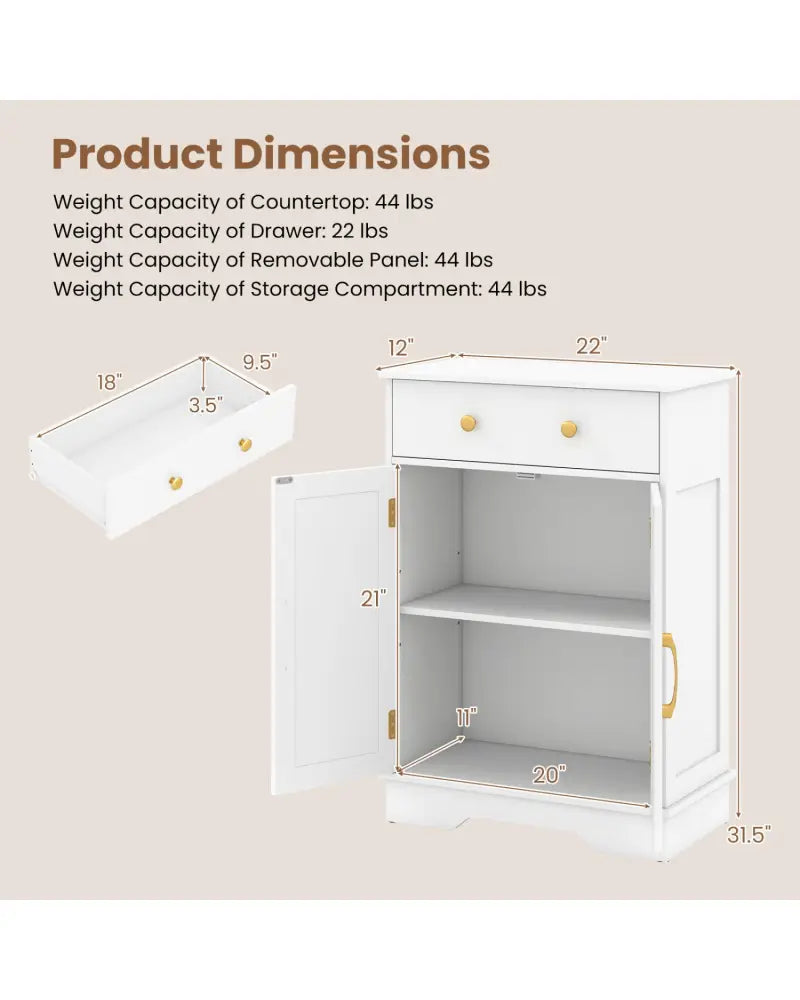 Floor Storage Cabinet with Doors Modern Buffet Sideboard with Drawer and Adjustable Shelf-White - White - Floor Cabinets