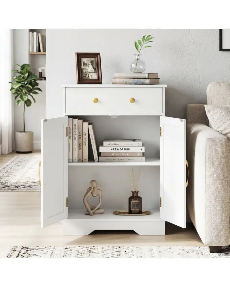 Floor Storage Cabinet with Doors Modern Buffet Sideboard with Drawer and Adjustable Shelf-White - White - Floor Cabinets