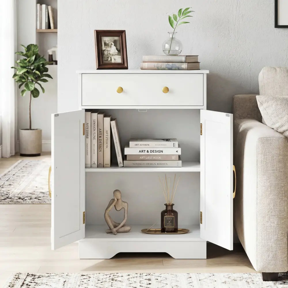 Floor Storage Cabinet with Doors Modern Buffet Sideboard with Drawer and Adjustable Shelf-White - White - Floor Cabinets