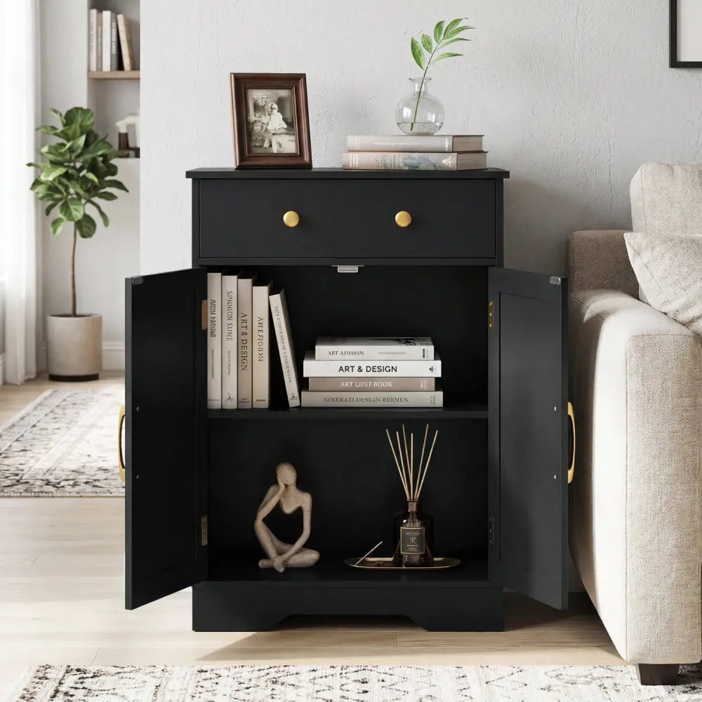 Floor Storage Cabinet with Doors Modern Buffet Sideboard with Drawer and Adjustable Shelf-Black - Black - Floor Cabinets