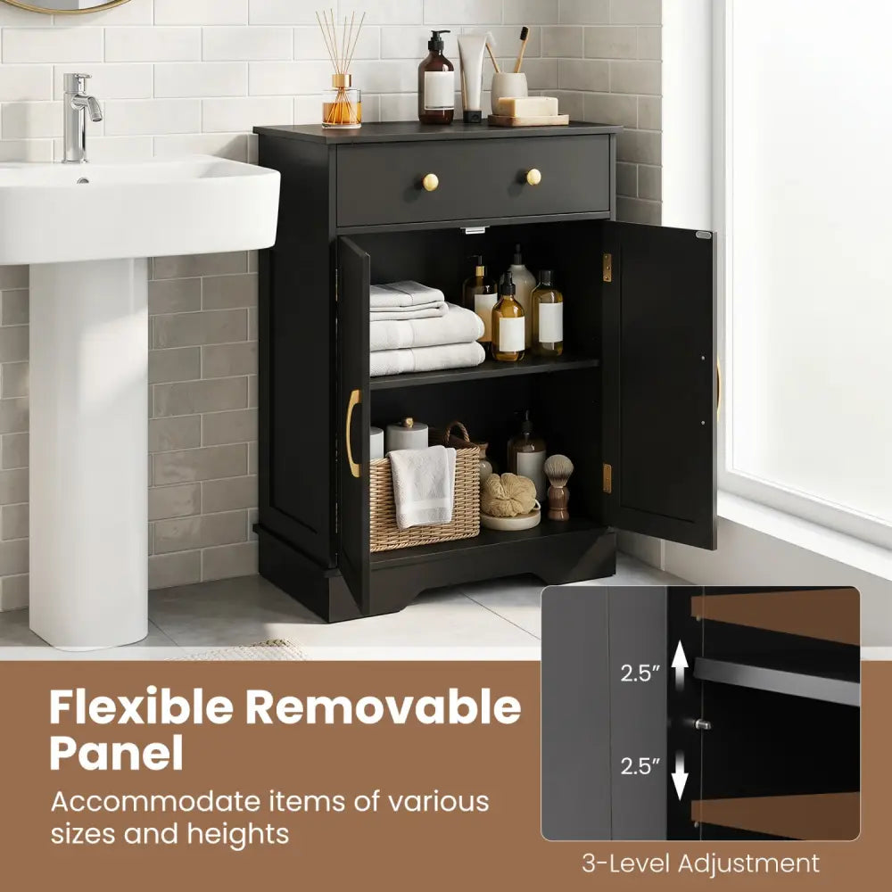 Floor Storage Cabinet with Doors Modern Buffet Sideboard with Drawer and Adjustable Shelf-Black - Black - Floor Cabinets