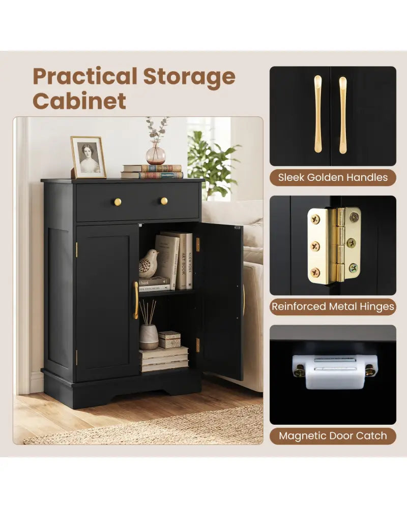 Floor Storage Cabinet with Doors Modern Buffet Sideboard with Drawer and Adjustable Shelf-Black - Black - Floor Cabinets
