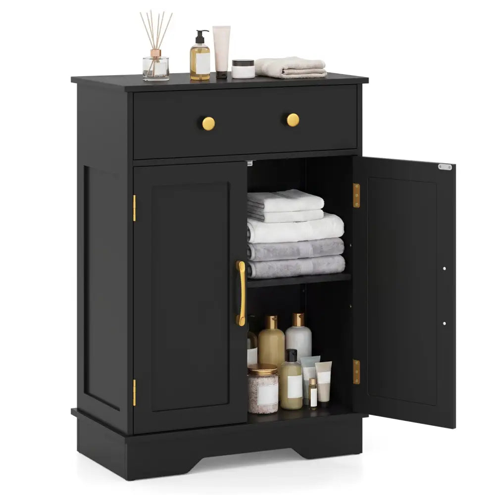 Floor Storage Cabinet with Doors Modern Buffet Sideboard with Drawer and Adjustable Shelf-Black - Black - Floor Cabinets