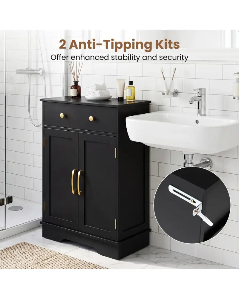 Floor Storage Cabinet with Doors Modern Buffet Sideboard with Drawer and Adjustable Shelf-Black - Black - Floor Cabinets