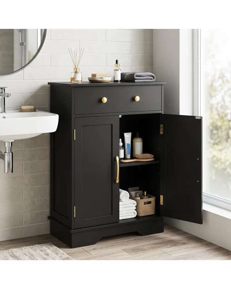 Floor Storage Cabinet with Doors Modern Buffet Sideboard with Drawer and Adjustable Shelf-Black - Black - Floor Cabinets