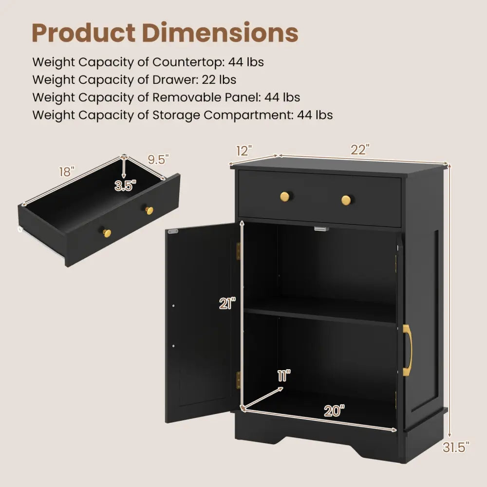 Floor Storage Cabinet with Doors Modern Buffet Sideboard with Drawer and Adjustable Shelf-Black - Black - Floor Cabinets
