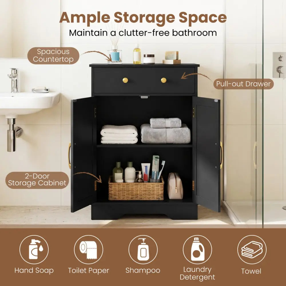 Floor Storage Cabinet with Doors Modern Buffet Sideboard with Drawer and Adjustable Shelf-Black - Black - Floor Cabinets