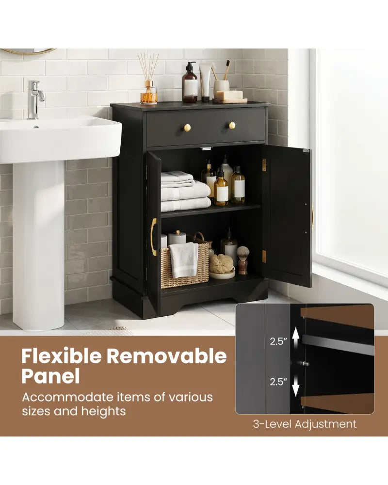 Floor Storage Cabinet with Doors Modern Buffet Sideboard with Drawer and Adjustable Shelf-Black - Black - Floor Cabinets