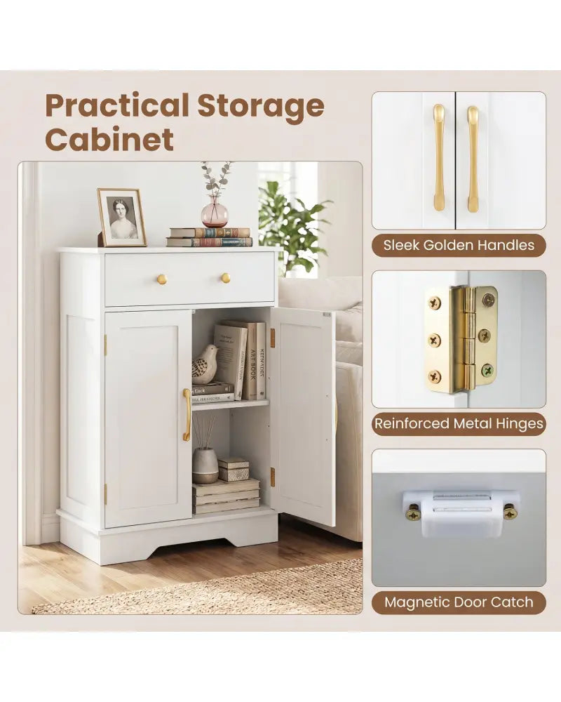 Floor Storage Cabinet with Doors Modern Buffet Sideboard with Drawer and Adjustable Shelf-White - White - Floor Cabinets