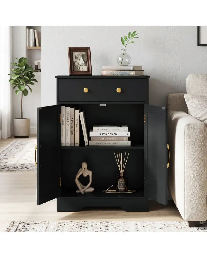 Floor Storage Cabinet with Doors Modern Buffet Sideboard with Drawer and Adjustable Shelf-Black - Black - Floor Cabinets