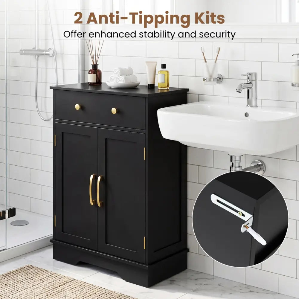 Floor Storage Cabinet with Doors Modern Buffet Sideboard with Drawer and Adjustable Shelf-Black - Black - Floor Cabinets
