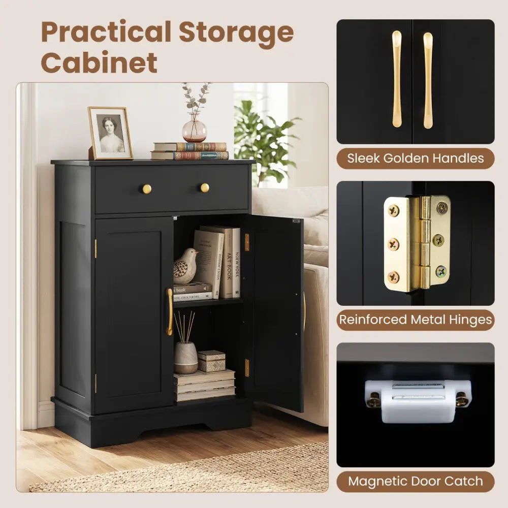 Floor Storage Cabinet with Doors Modern Buffet Sideboard with Drawer and Adjustable Shelf-Black - Black - Floor Cabinets